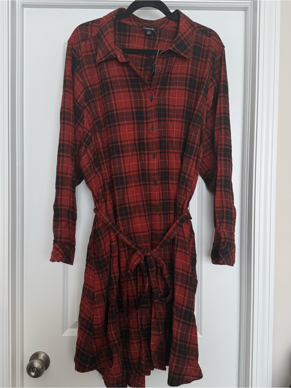 torrid Red and Black Plaid Long-Sleeve Shirt Dress with Tie Waist